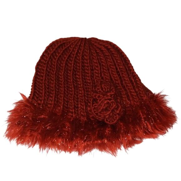 Glittery Winter Beanie Hat and Oblong Scarf Set Fringe Trim Faux Fur Rust Color - Picture 2 of 8